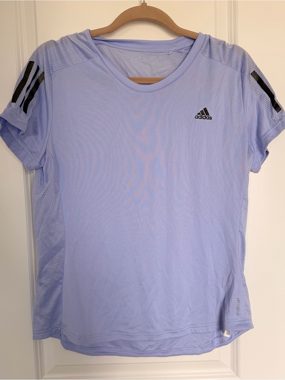 adidas Women's Lavender Short Sleeve Performance Tee with Black Stripes